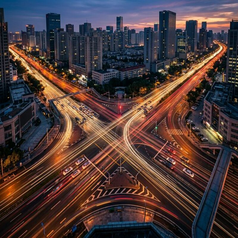 Aerial view of city intersection with competing light trails converging