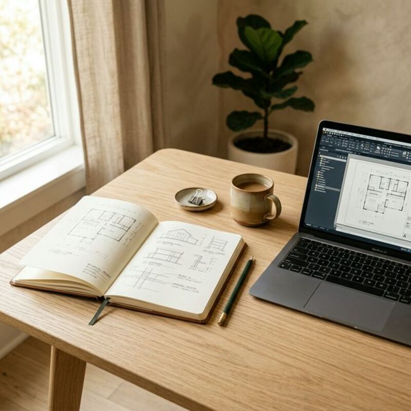 Open notebook with architectural diagrams alongside a laptop — knowledge management workflow