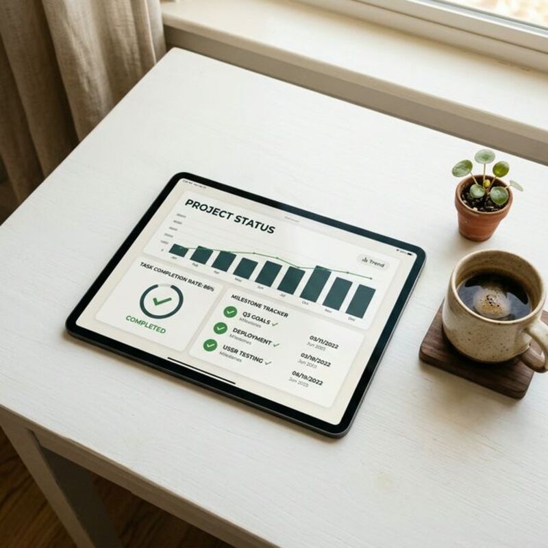 Tablet displaying task completion dashboard with green checkmarks and metrics