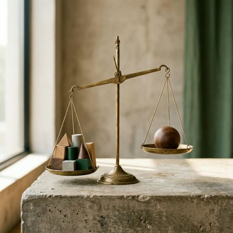 Brass balance scale with geometric blocks and weighted trade-offs representing nuanced prioritisation